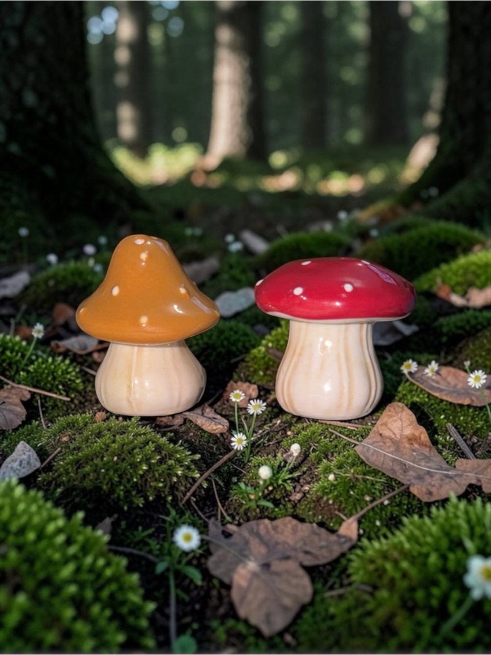 Ceramic Mushroom Salt & Pepper Shakers - Red and Orange